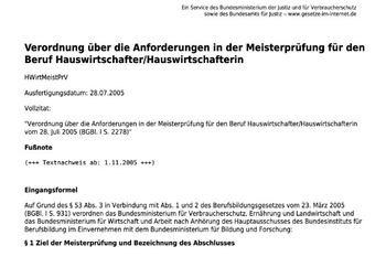 Verordnung über die Anforderungen in der Meisterprüfung für den Beruf Hauswirtschafter/Hauswirtschafterin